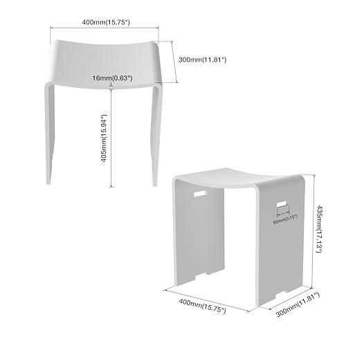 Modern Shower Stool, Matte White Solid Surface Bath Stool | Stone Resin Heavy-Duty, Matte Surface, Non-Slip Waterproof Chair Seat for Inside Showers and Outdoor Use (400 lbs Capacity) - color: White Handle Cutouts
