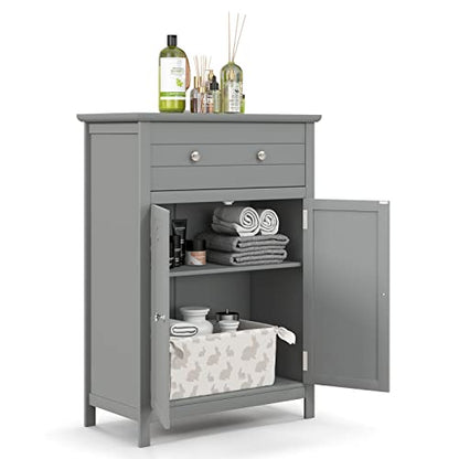 COSTWAY Bathroom Floor Cabinet, Wooden Side Storage Organizer w/Larger Drawer, Adjustable Shelf & 2-Door Cupboard, Freestanding Storage Cabinet for Living Room, Kitchen, Entryway (Grey) | Larger Drawer, Adjustable Shelf & 2-Door Cupboard, Freestanding Sto