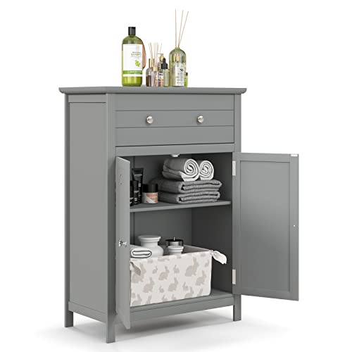COSTWAY Bathroom Floor Cabinet, Wooden Side Storage Organizer w/Larger Drawer, Adjustable Shelf & 2-Door Cupboard, Freestanding Storage Cabinet for Living Room, Kitchen, Entryway (Grey) | Larger Drawer, Adjustable Shelf & 2-Door Cupboard, Freestanding Sto