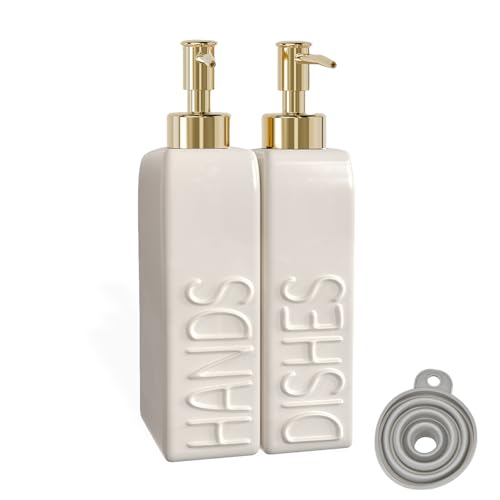 Soap Dispenser Set with Gold Stainless Steel Pump and a Funnel, 2 Pack Modern Ceramic Refillable Hand and Dish Soap Dispenser for Kitchen, Bathroom, Matte White - color: White & Gold
