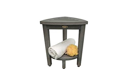CoastalVogue Snazzy Corner Gray Teak Shower Bench with Storage Shelf | Crafted from 100% solid plantation teak, this corner shower seat resists moisture and outperforms bamboo