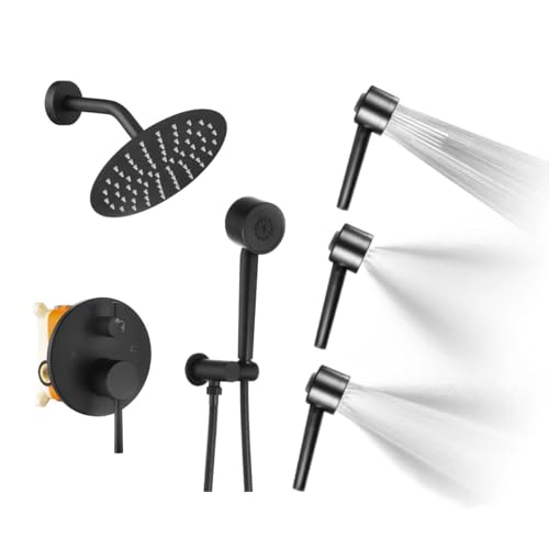 Black Shower Faucets Sets Complete, Shower Fixtures, Shower System with 8 Inches Rainfall Shower Head And 3-function High Pressure Handheld, Built- in Brass Valve with Box - style: 8-inch Black