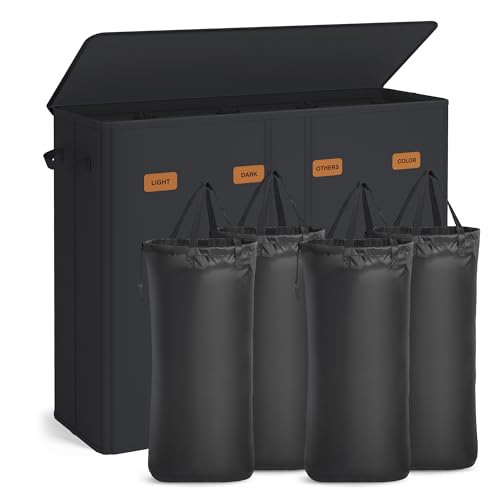SONGMICS 55.4 Gallon (210 L) Laundry Hamper, 4-Compartment Laundry Basket Sorter with Lid, Labels, Removable Liner Bags, for Bedroom, Ink Black URLH014B01 - color: Ink Black, size: 210 L (4-Section)