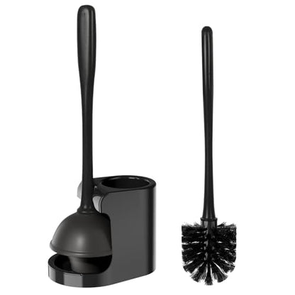 Toilet Plunger and Brush Set with Holder, 2 in 1 Bathroom Cleaning Combo, Heavy Duty Plunger with Suction Cup and Deep Cleaning Brush, Space Saving Caddy for Bathroom Organization, Black