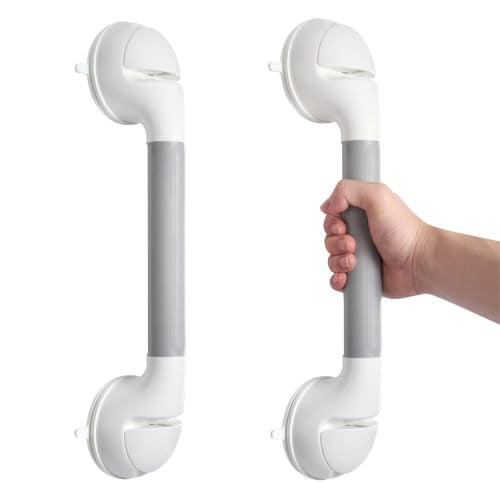 Suction Grab Bar 2 Pack, 16.9 Inch Shower Grab Bars for Seniors, No Drill Removable Bathroom Safety Handles for Bathtubs and Showers, Grey White - color: Grey White, size: 17 inch (2 Pack)