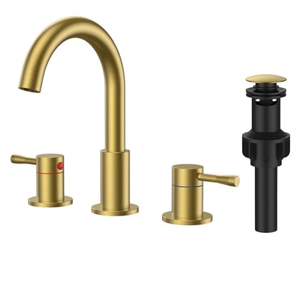 FORIOUS Bathroom Faucet 3 Hole, 360° Swivel 8 Inch Sink Faucet Brushed Gold | with Pop Up Drain, 2 Handles,for Sink Vanity RV Lavatory Farmhouse, 304 Stainless Steel, Lead-free, Leakproof - color: Brushed Gold