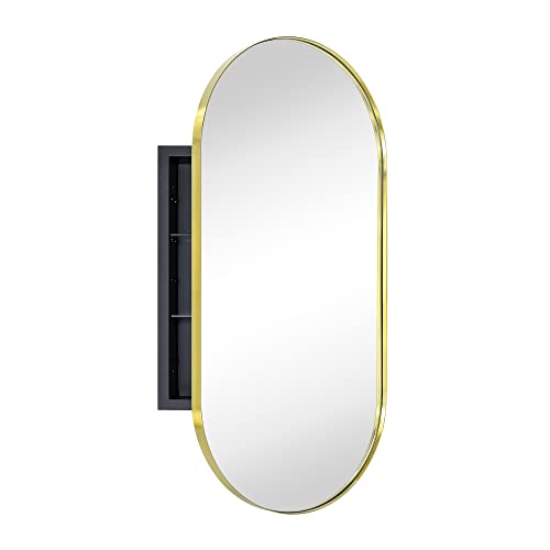 Brushed Gold Oval Recessed Bathroom Medicine Cabinet with Mirror Stainless Steel Metal Framed Oblong Pill Shaped Bathroom Cabinet with Mirror 16x33'' - color: Brushed Gold