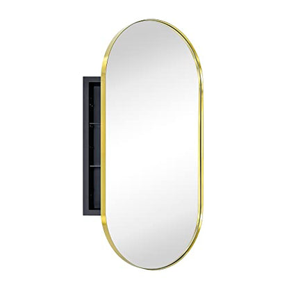 Brushed Gold Oval Recessed Bathroom Medicine Cabinet with Mirror Stainless Steel Metal Framed Oblong Pill Shaped Bathroom Cabinet with Mirror 16x33'' - color: Brushed Gold
