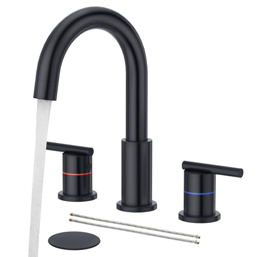 Faustina Black Bathroom Faucets,8 Inch Widespread Bathroom Faucet for Sink 3 Hole,Bathroom Faucet with Pop Up Drain,cUPC Water Supply Line,2-Handles Stainless Steel Vessel Sink Faucet Basin Mixer Tap - color: Black, style: Modern Widespread