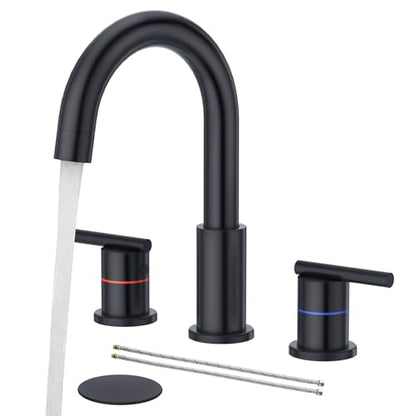 Faustina Black Bathroom Faucets,8 Inch Widespread Bathroom Faucet for Sink 3 Hole,Bathroom Faucet with Pop Up Drain,cUPC Water Supply Line,2-Handles Stainless Steel Vessel Sink Faucet Basin Mixer Tap - color: Black, style: Modern Widespread