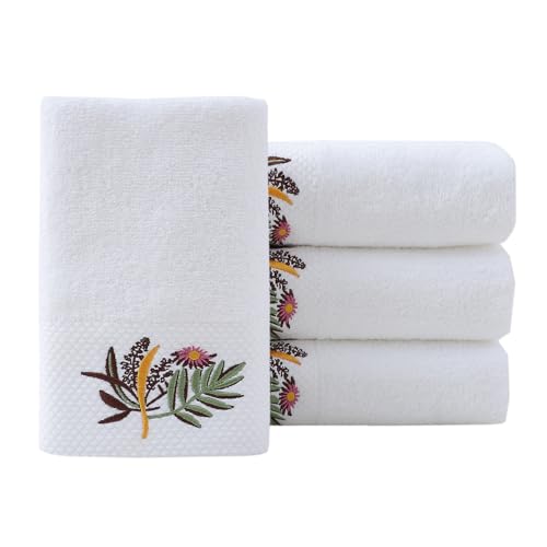 Pidada Hand Towels Set of 4 Embroidered Floral Pattern 100% Cotton Absorbent Soft Decorative Towel for Bathroom (White Pattern 1) - color: 4 White Pattern 1