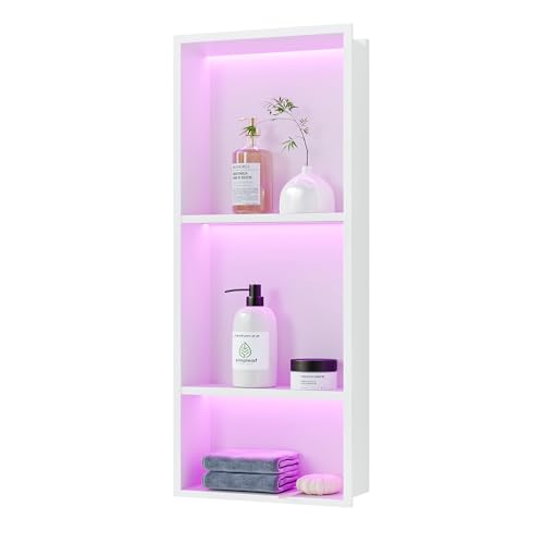 3-Tiers 12x30 Inch Wall Niche with RGB LED Light Strips, White Shower Niche Cabinet, Stainless Steel Bathroom Shelf, NO Tile Needed Recessed Storage Organizer Waterproof - color: White, size: 12X30In