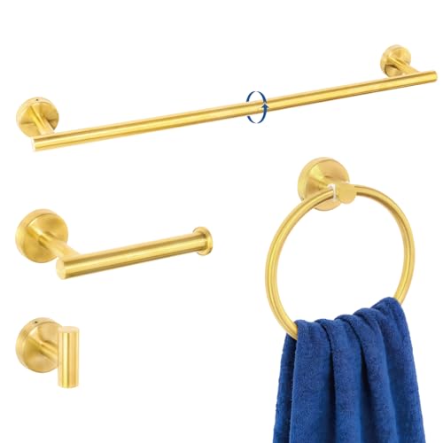 HOMOTEK 4 Pieces Bathroom Accessories Hardware Set, 24 inch Towel Bar, Towel Ring, Robe Hook, Toilet Paper Holder, Stainless Steel Rack Kit Wall Mounted, Gold - color: Gold