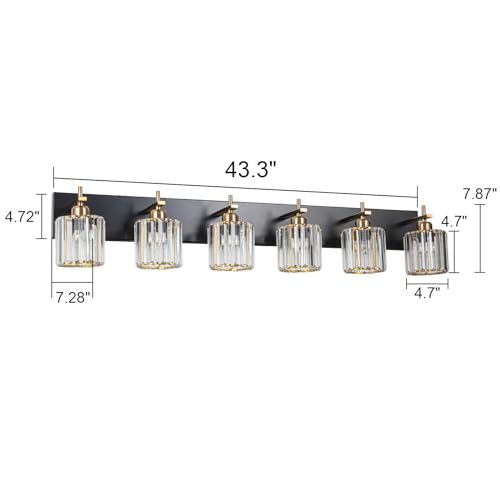 6-Light Crystal Bathroom Vanity Light, Modern Black Gold Bathroom Light Fixtures Over Mirror Crystal Wall Lighting with Polished Gold Finish - color: Black Gold-Round Shade, size: 6-Light