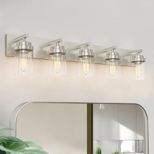 IZORRO Bathroom Vanity Light Fixture, 5-Light 36 Inch Brushed Nickel Bathroom Light Fixtures Over Mirror, with Clear Glass Shade, Modern Farmhouse Vanity Lights, Rustic Restroom Lighting Fixtures - color: Nickel-Clear Glass Shade, size: 36 inch-5-Light