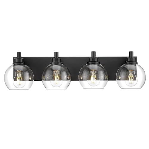 4-Light Matte Black Bathroom Vanity Light, Clear Glass Globe Shade | 26" modern bathroom light fixtures over mirror, E26 base, bulbs not included, VL195-MB-CL-4 - color: Black, Clear Glass, size: 4-light