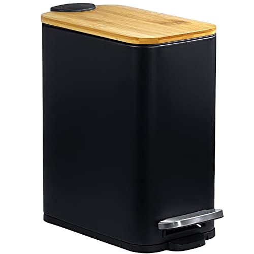 SIDIANBAN Bathroom Trash Can with Bamboo Lid Soft Close and Foot Pedal, Small Rectangular Slim Garbage Can with Inner Wastebasket for Bedroom, Office, Kitchen, 1.3Gal/5L, Black | Small Rectangular Slim Garbage Can with Inner Wastebasket for Bedroom, Offic