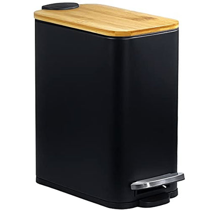 SIDIANBAN Bathroom Trash Can with Bamboo Lid Soft Close and Foot Pedal, Small Rectangular Slim Garbage Can with Inner Wastebasket for Bedroom, Office, Kitchen, 1.3Gal/5L, Black | Small Rectangular Slim Garbage Can with Inner Wastebasket for Bedroom, Offic