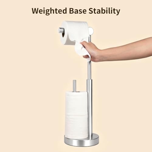 Toilet Paper Stand with Storage & Weighted Base, Brushed Nickel | Free Standing Stainless Steel Design with Open-Ring Arm for Easy Roll Replacement - color: Brushed Nickel