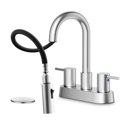 Stainless Steel Brushed Nickel Bathroom Faucet with Pull Out Sprayer, Dual-Function Spout Bathroom Sink Faucets, 4 Inch Two Handle Utility Sink Faucet with Sprayer 3 Hole, Pet Shower, RVs - color: Brushed Nickel