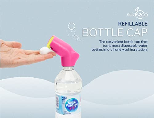 Refillable Caps, 2 Pack - Universal Fit Turns Most Disposable Water Bottles Into A Hand Washing Station - Includes Refillable Soap Reservoir - Conveniently Sized to Take on The Go - color: Pink