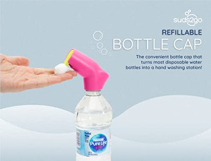 Refillable Caps, 2 Pack - Universal Fit Turns Most Disposable Water Bottles Into A Hand Washing Station - Includes Refillable Soap Reservoir - Conveniently Sized to Take on The Go - color: Pink