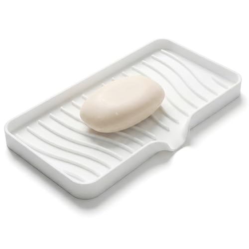 Silicone Soap Dish Tray with Drain, Large 10" x 5.2" Self-Draining Soap Holder for Bathroom Vanity and Kitchen Counter, Non-Slip Vanity Organizer for Standard & Oversized Bars (White)