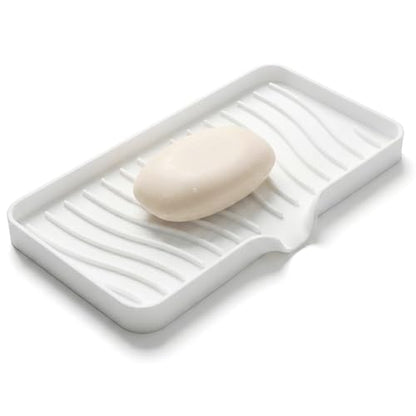 Silicone Soap Dish Tray with Drain, Large 10" x 5.2" Self-Draining Soap Holder for Bathroom Vanity and Kitchen Counter, Non-Slip Vanity Organizer for Standard & Oversized Bars (White)