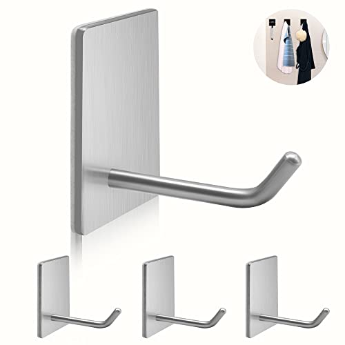 Adhesive Hooks Heavy Duty, Long Stainless Steel Self Adhesive Wall Hook, Sticky Towel Hangers for Kitchen Bathroom, Waterproof Stick on Door Hooks for Hanging Key Hat Coat 4Packs | Drill-free sticky hooks for kitchen, bathroom & door; hang towel, coat, ha