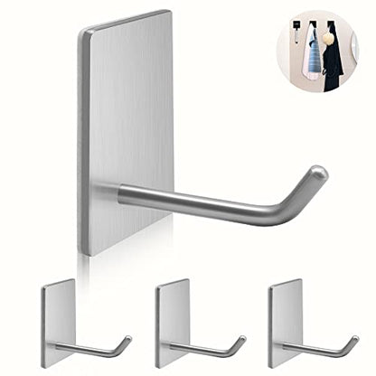 Adhesive Hooks Heavy Duty, Long Stainless Steel Self Adhesive Wall Hook, Sticky Towel Hangers for Kitchen Bathroom, Waterproof Stick on Door Hooks for Hanging Key Hat Coat 4Packs | Drill-free sticky hooks for kitchen, bathroom & door; hang towel, coat, ha