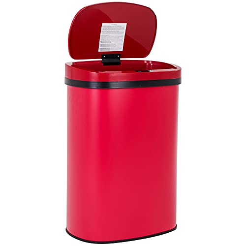 13 Gallon 50 Liter Garbage Can Kitchen Trash Can with Lid Automatic Sensor Touch Free Stainless Steel Waste Bin for Bathroom Bedroom Home Office,Red - color: Red, style: Stainless Steel