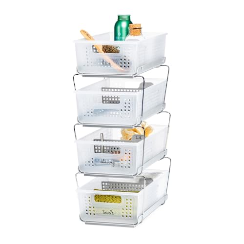 madesmart 2 Tier Organizer, Under Cabinet Storage with Pull Out Sliding Drawers, for Cleaning Supplies, Pantry, Undersink, Sponges, Bottles & Bath, Pull Out Baskets, Frost 2 PACK