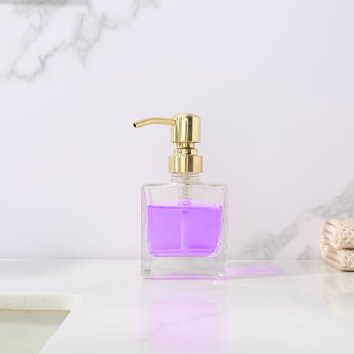 Square Bathroom Soap Dispenser Brushed Gold, Glass Bottles with Stainless Steel Pump 8.4 OZ Cube Liquid Soap Dispenser Hand Kitchen - color: Gold