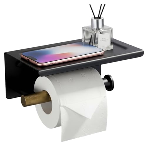 Toilet Paper Holder with Shelf, Stainless Steel PVD Black with Gold Accents | Wall Mount Toilet Tissue Roll Holder with Phone Shelf for Bathroom Storage, Solid Brass Roll Bar with Knurled Texture Detail - color: Dual Tone Black & Gold