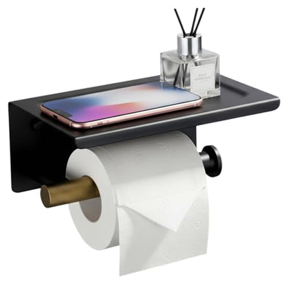 Toilet Paper Holder with Shelf, Stainless Steel PVD Black with Gold Accents | Wall Mount Toilet Tissue Roll Holder with Phone Shelf for Bathroom Storage, Solid Brass Roll Bar with Knurled Texture Detail - color: Dual Tone Black & Gold