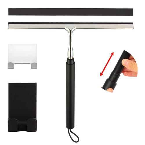 Shower Squeegee with Long Handle – Includes Replacement Silicone Blade, Extendable 13" to 48", 14" Wide for Glass, Mirrors, Windows, Bathroom Tiles & Walls, Telescopic Wiper with Hooks (Black)