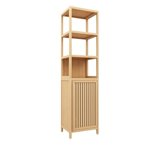 Storage Tall Cabinet with Shutter Door and 3 Tier Shelves, Freestanding Linen Tower Cabinet for Living Room, Kitchen, Bathroom Organizer, Natural