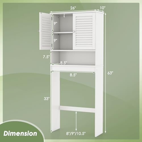 Tangkula Over The Toilet Storage Cabinet, Above Toilet Bathroom Shelf w/Double Doors & Adjustable Shelf, Freestanding Toilet Shelf Space Saver w/Anti-Tip Kits & Adjustable Bottom Bar, 63" H (White)