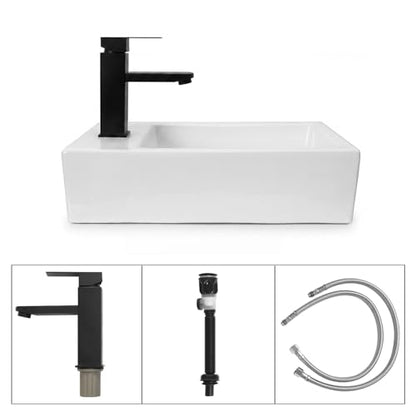 White Wall Mounted Ceramic Bathroom Sink, 18" x 10" Floating Vessel Sink | Rectangle, Black Faucet, Pop Up Drain, Ideal for Small Bathroom, Left Hand - size: 18''x10''