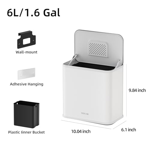 Hanging Stainless Steel Trash Can, 1.6 Gallon /6L Small Compost Bin for Kitchen Cabinet, Bathroom (White) - color: White, size: 1.6 Gallon (6L)