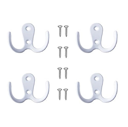 4 Pcs Double Prong Robe Hooks, Dual Coat Hooks Wall Mounted Hanging Clothes for Bathroom Bedroom Door Wall Retro Metal Cloth Hanger Double Coat Hooks with 8 Screws (White) - color: White