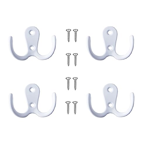 4 Pcs Double Prong Robe Hooks, Dual Coat Hooks Wall Mounted Hanging Clothes for Bathroom Bedroom Door Wall Retro Metal Cloth Hanger Double Coat Hooks with 8 Screws (White) - color: White