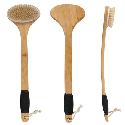OWIIZI Back Scrub Brush for Shower,Stiff Boar Bristles Bamboo Curved Long Handle Antiskid Body Bath Brush for Back Use Wet or Dry,Deep Cleanse Large Surface Back Scrubber | 17.5" Bamboo Curved Long Handle Bath Brushes,Large Surface Deep Cleanse Back Scrub