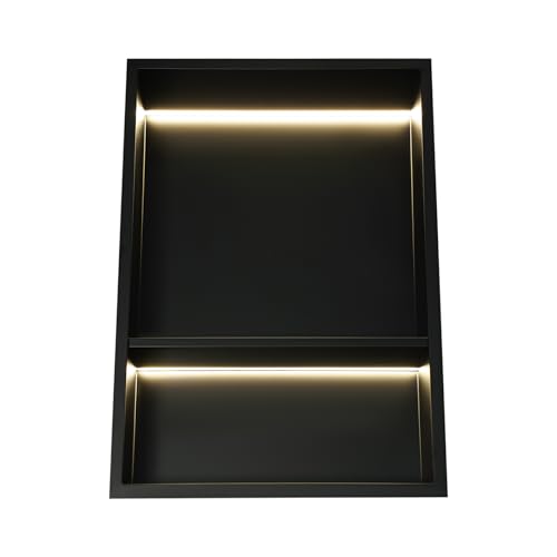 2-Tiers 12x24 Shower Niche with LED Light Strips, Matte Black Shower Niche Cabinet, Recessed Wall Cabinet, Stainless Steel Bathroom Shelf for Bathrooms, Kitchens, Toilets (12x18in) - size: 12x18in