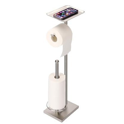 Toilet Paper Holder with Tray At the Top, Heavy-Weighted Stainless Steel Base No Wobbly, Freestanding Toilet Paper Rolls Stand, Hold Extra 3 Paper Rolls On the Base (Brushed Nickel) - color: Brushed Nickel