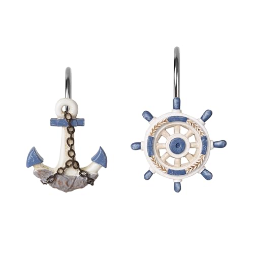 Sunlit Nautical Shower Curtain Hooks, Home Decorative Coastal Shower Curtain Rings for Bathroom, Resin, Ocean Shower Curtain Hanger Hooks for Living Room, Set of 12, Blue Anchor Rudder - size: Anchor & Rudder