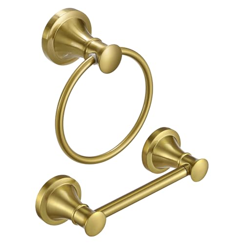 RUMOSE Pivoting Toilet Paper Holder and Hand Towel Ring, Brushed Gold | Wall Mount, Bathroom Hardware Accessories 2 PCS Set, Toilet Tissue Roll Holder & Towel Hanger, Rustproof, Stainless Steel - color: Brushed Gold
