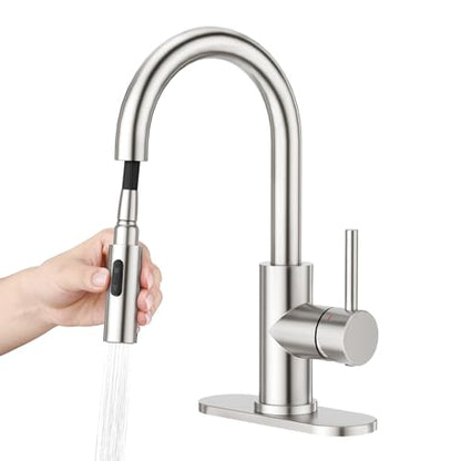 CREA Bathroom Faucet with Pull Out Sprayer,Brushed Nickel Single Handle Kitchen Bar Faucets for Mini Sink Pull Down Vanity Mixer Tap 2 Water Modes,cUPC/NSF - color: A-Brushed Nickel
