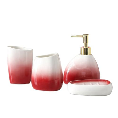 Bathroom Accessory Set, 4 Pcs White & Red Gradient Ceramic Bathroom Cabinet with Soap Dispenser Soap Dish Gargle Cup Toothbrush Holder, Fashion Bathroom Decor for Home Apartment Hotel (Red)