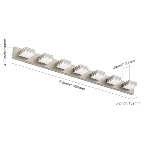 Ralbay 55inch Brushed Nickel Vanity Light for Bathroom 7-Light Metal Acrylic Modern LED Bathroom Light Fixtures - color: Brushed Nickel, size: 55 inch